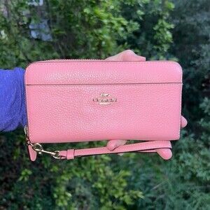COACH Women's Zip-Around Wallet Wristlet Pink Pebble Leather w Gold Hardware